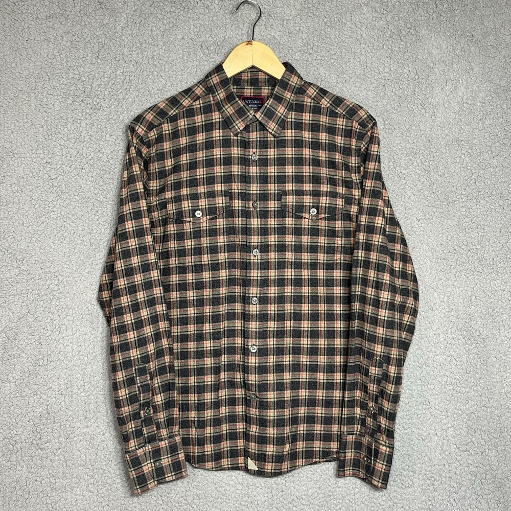 UNTUCKit Frunza Flannel Mens Medium Gray Red Brown Plaid Button Up